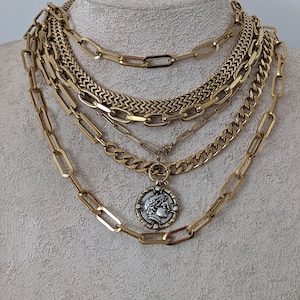 Layered chunky chain necklace, gold multi layer necklace set, boho mixed chain textured necklace, ancient coin pendant, non tarnish jewelry