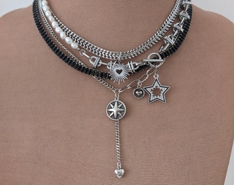 Layered chain necklace set silver, freshwater pearl toggle necklace, boho multi chain choker, black baguette choker, star and heart necklace