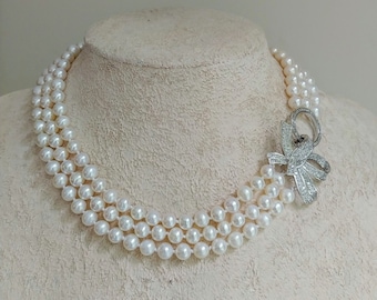 Genuine pearl necklace for women,3 strand freshwater pearl necklace,multistrand pearl with pave clasp,brooch necklace,bridal pearl necklace