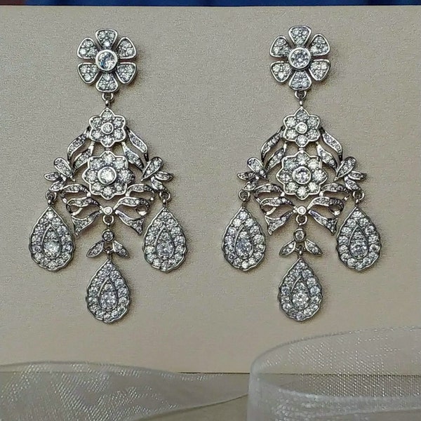 Dangle bridal earring,floral earrings wedding,chandelier earrings silver,ornate earring,elizabeth taylor earring,royal wedding earring