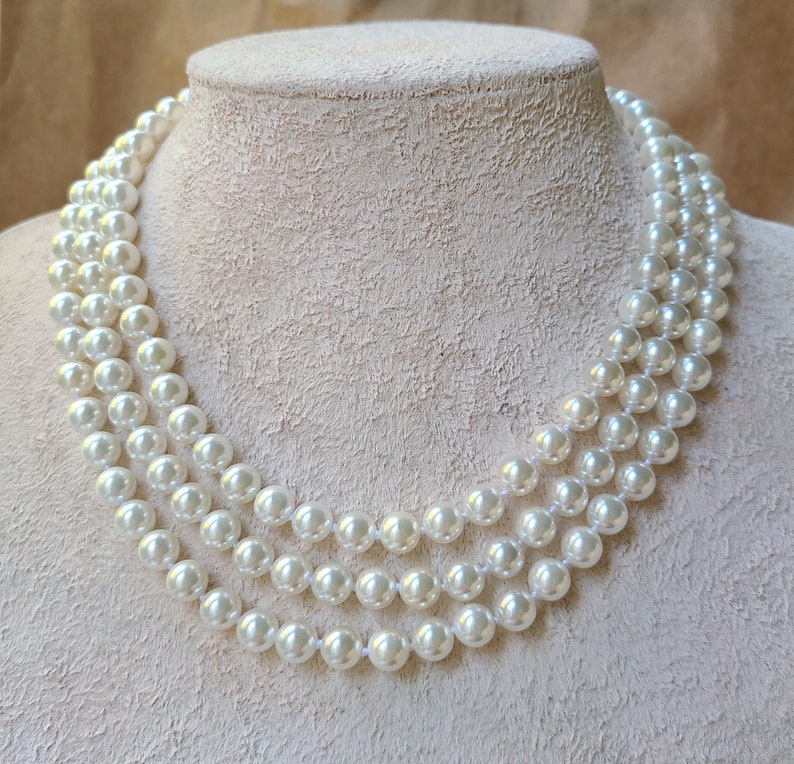 Three Layer Shell Pearl Necklace Bridal Ivory White Pearl - Etsy Canada
