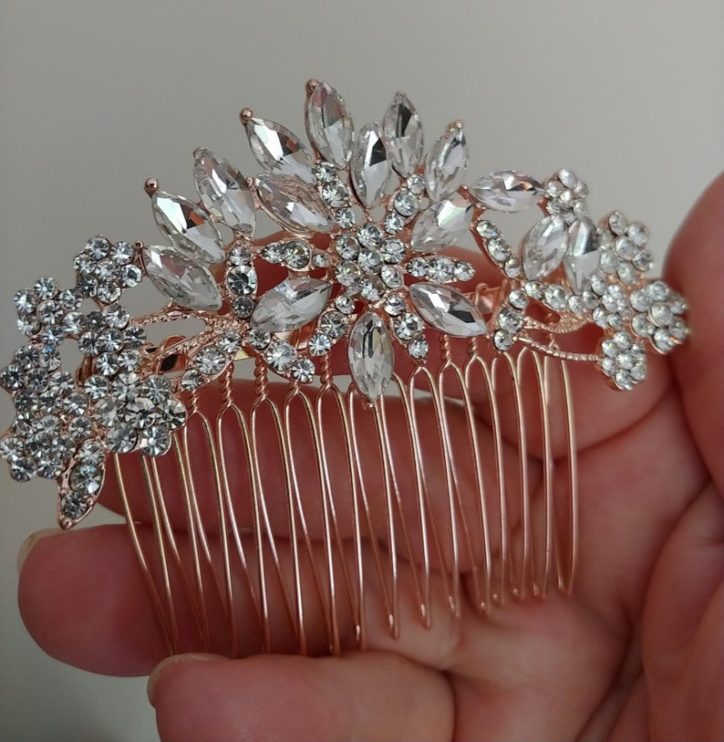 rose gold austrian crystal bridal hair comb, rhinestone wedding hair jewellery,bridesmaid hair accessory,headpiece for bride,mini tiara image 10