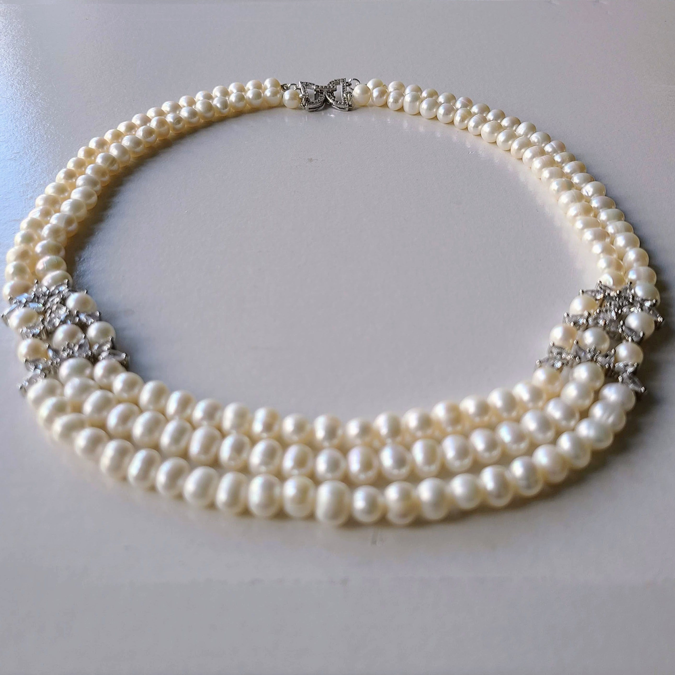 Freshwater Pearl Necklace, 3 Strand Pearl Necklace, White Freshwater ...