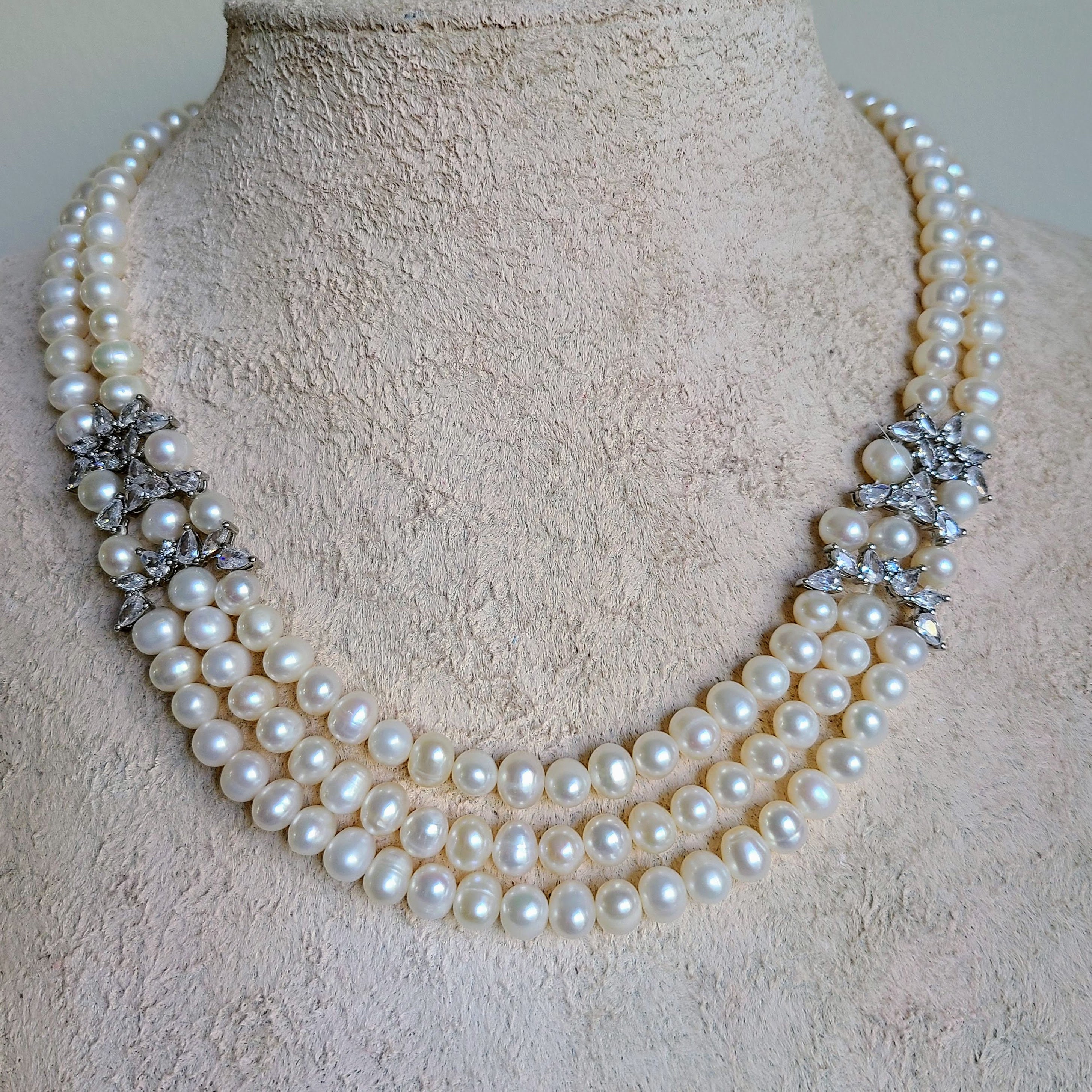 Freshwater Pearl Necklace, 3 Strand Pearl Necklace, White Freshwater