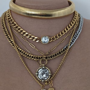Layered mixed chain necklace set, gold multi layer necklace, mixed chain collier, ancient coin necklace, torque choker, non tarnish jewelry