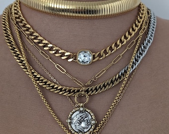 Layered mixed chain necklace set, gold multi layer necklace, mixed chain collier, ancient coin necklace, torque choker, non tarnish jewelry