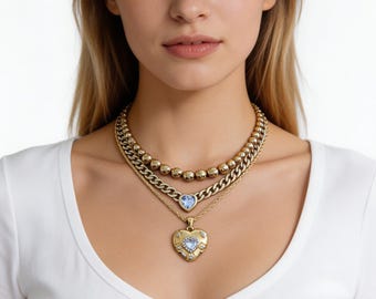 Heart pendant layered necklace, stainless steel beaded choker, elegant set gold