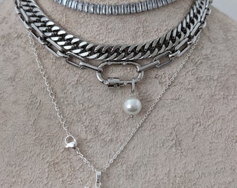 Chunky layered silver chain necklace set for women, carabiner clasp, angel pendant boho multi chain necklace, crystal and curb chain choker