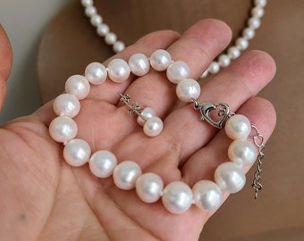 Freshwater pearl set, S925 silver clasp necklace, hand knotted pearl bracelet, mother of bride, bracelet and earring set, stud earring