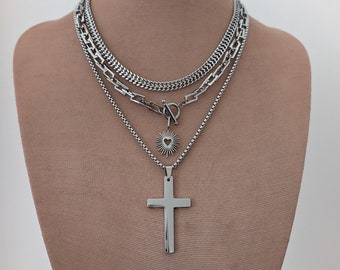 Multi layer chain necklace set, chunky toggle choker necklace, stainless steel cross, boho multi chain necklace, stacked silver necklace