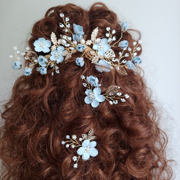 light blue fabric flower hair comb,freshwater pearl and pave rhinestone rose gold hair piece,something blue for bride,flower girl headpiece