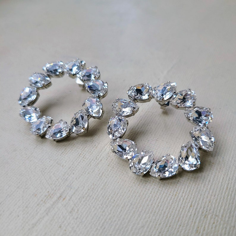 Circular rhinestone hoop earring, large round bridal earring, art deco jewelry, teardrop Austrian crystal earpiece, boho wedding earring image 4