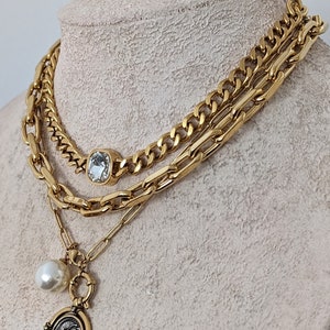 Layered chunky gold chain coin necklace set, ancient medallion paperclip necklace, curb chain diamond choker, multi strand chunky chain set