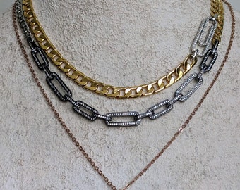 Layered coin necklace set, gold and silver necklace, non tarnish jewelry, mixed chain choker, gold curb chain, multi layer steel choker