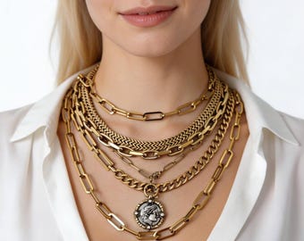 Layered Gold Chain Necklace Set with Ancient Coin Pendant, Boho Mixed Texture Jewelry