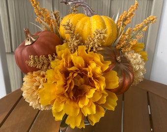 Thanksgiving Fall Yellow and Orange Flower Arrangement, Orange Pumpkin Centerpiece, Farmhouse,Country Centerpiece, Affordable Fall Flowers