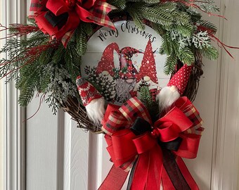 Red Christmas Wreath with Gnomes, Country Holiday Wreath with Gnome sign, Christmas grapevine wreath with evergreens, berries and bows