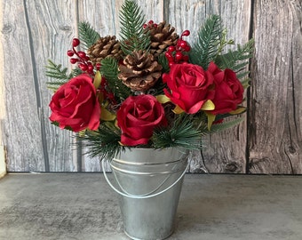 Christmas Arrangement Red Roses Berries and Evergreen-Winter Centerpiece-Red-Affordable Christmas Decor-Hostess Teacher Gift Idea