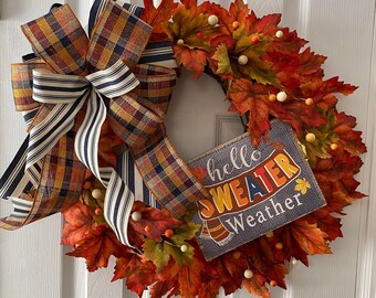 Fall Orange Leaves Wreath with Blue and Orange Bow, and sign,  Fall Country Wreath, Traditional Fall Wreath,Pumpkins,Berries, Acorns