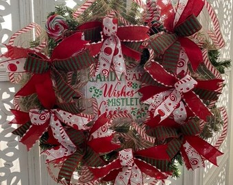 Christmas Evergreen Candy Cane Wreath, Christmas Red and White Ribbon Wreath, Red Christmas Wreath with Sign, Candy Cane Christmas Wreath