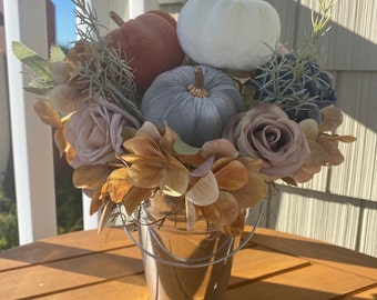 Fall White, Gray and Orange Pumpkin Flower Arrangement, Gray and White Pumpkin Centerpiece, Fall Centerpiece,Blue Fall,Affordable Fall Decor