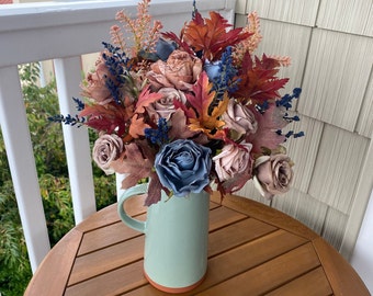 Fall Blue,Brown and Pink Flower Arrangement,Fall Pink Roses Centerpiece,Autumn French Country Arrangement,Roses and Blush Ranunculus, Leaves