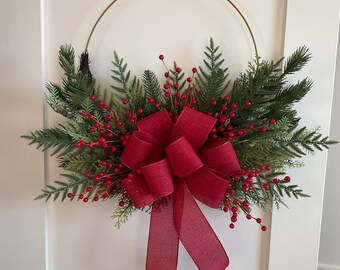 Christmas Red Wreath with Evergreens and Red Berries-Modern Holiday Wreath on Gold Frame-Winter Wreath with Large Red Bow