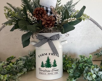 Christmas Country Evergreen Flower Arrangement-Farmhouse Christmas Tin Trees  Black Buffalo Plaid-Country Christmas Centerpiece-Affordable