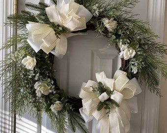 Christmas or Winter White Wreath,White Everyday Wreath with White Roses,Evergreens and Full White Bows,Affordable Grapevine Wreath Eucylptus