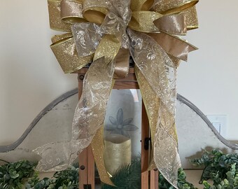 Gold Christmas Tree Topper, Christmas Tree Bow, Large Christmas Present Bow, Christmas Bow for Door, Christmas Bow Mailbox, Bow for Lampost