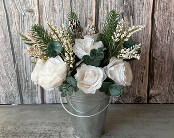 Christmas Arrangement Centerpiece White Rose-Pinecone-Evergreen-Winter Centerpiece-White-Affordable Christmas Decor-Hostess Teacher Gift