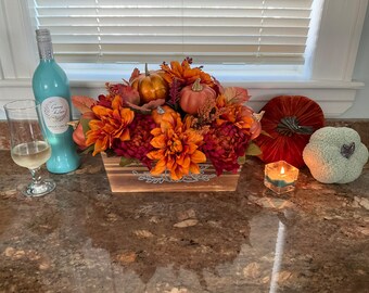 Thanksgiving Orange Centerpiece in Country Wood Base, Fall Flower Arrangement with Pumpkins, Mums and Leaves, thanksgiving table