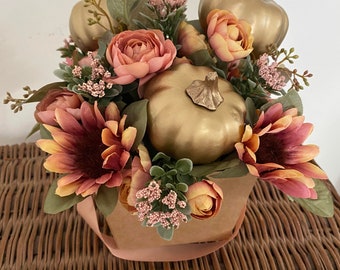 Christmas-Holday Gold and Pink Centerpiece,Country Pink and Gold Arrangement,Shabby chic  floral decor, Pink Roses,Affordable Fall