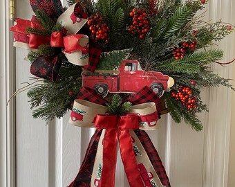 Christmas  Wreath Red Pickup Truck Country Christmas Wreath in a Basket, Holiday Wreath, Christmas Floral Arrangement in Hanging Basket