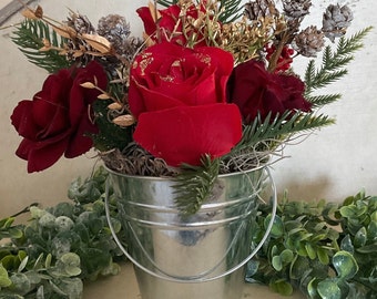 Christmas Arrangement Red Roses and Evergreen-Winter Centerpiece-Red-Affordable Christmas Decor-Hostess Teacher Gift Idea