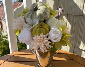 Thanksgiving/Fall White and Green Pumpkins Centerpiece, Country Floral Arrangement White and Green Pumpkin, White Fall Decor, Affordable