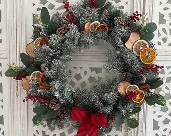 Winter/Christmas Wreath Traditional with Fruit-Berries-Evergreen- Pinecones and Red Bow-Classic Christmas Wreath-Set Double Doors-Winter