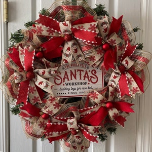 Christmas Wreath, Santa Wreath, Christmas Ribbon Wreath, Red Christmas Wreath, Santa Country Christmas Wreath