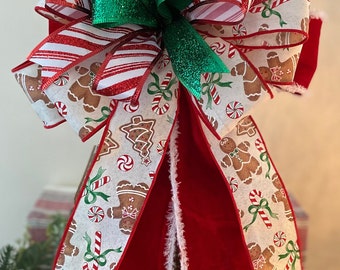 Christmas Tree Topper Candy Cane and Gingerbread, Candy Cane Lantern Bow, Large Christmas Present Bow, Christmas Bow for Door, Mailbox Bow