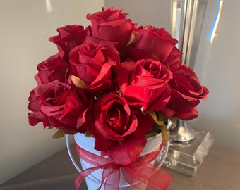 Valentine's Day Red Rose Flower Arrangement-Winter Centerpiece-Red-Affordable Decor-Wife-Girlfriend Gift Idea, Christmas and Winter Flowers