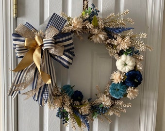 Fall Blue White and Gold Wreath, FallCountry Blue Pumpkin Wreath, Elegant Blue and White Fall Wreath, Blue and White Pumpkins, Affordable