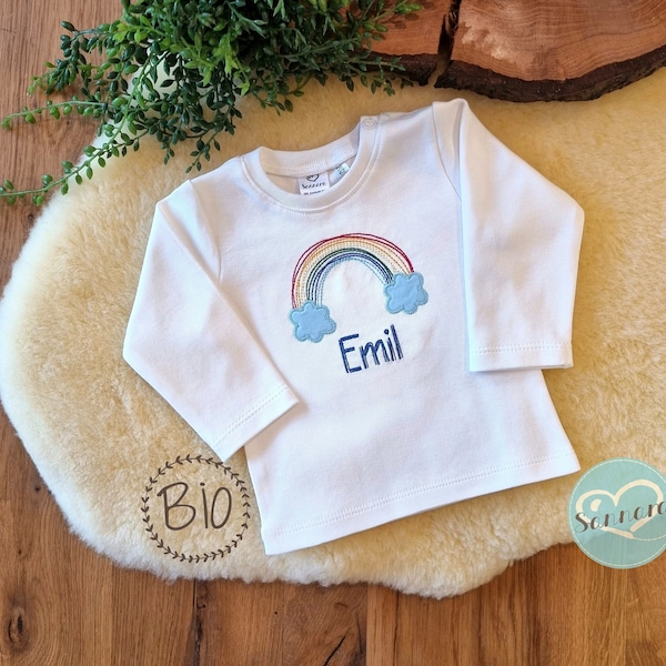 Bio-Body/Shirt | bestickt | Bio-Baumwolle | individualisiert mit Name | Regenbogen Bunt | Geschenk zur Geburt | Zwischengrößen möglich