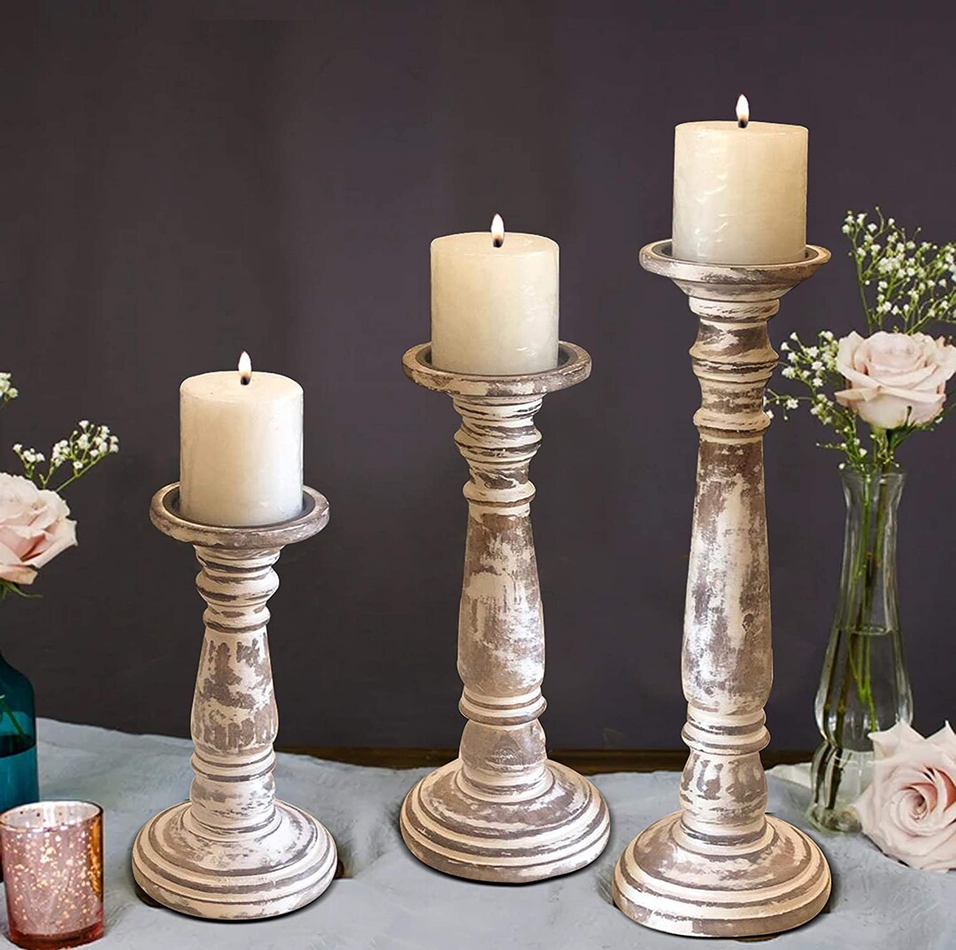 Handmade Decorative Wood Candle Holders, Set of 3 for Living Room Table ...
