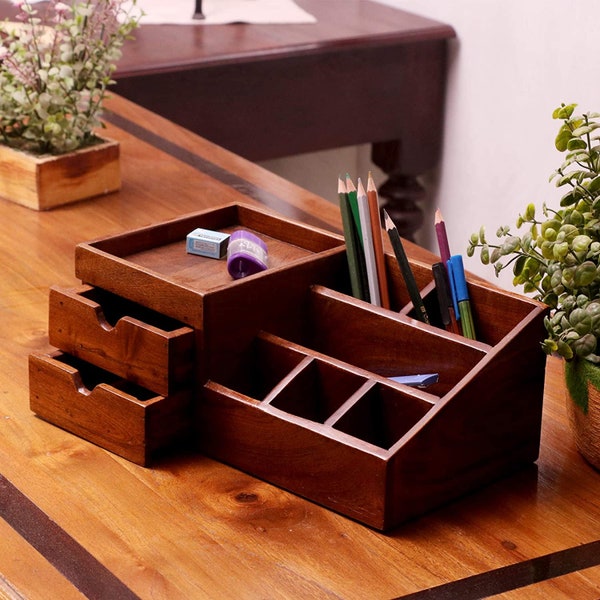 Wooden Table Organizer with Two Drawer and 7 Slot Desk, Office Organizer, Pen pecil Stationary Organizer, Wooden Desktop Pen Organiser