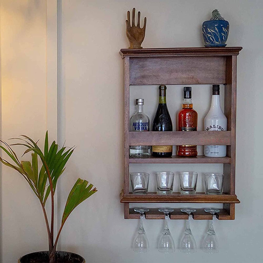 Handmade Mini Bar for Home, Wine Glass Hanging and Whiskey