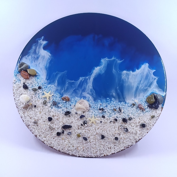 Moonlit Shore - Ozean-inspirierter Epoxidharz-Tisch mit weißem Sand, Seesternen und Muscheln - Prächtiges Dekorationsstück und einzigartiges Geschenk