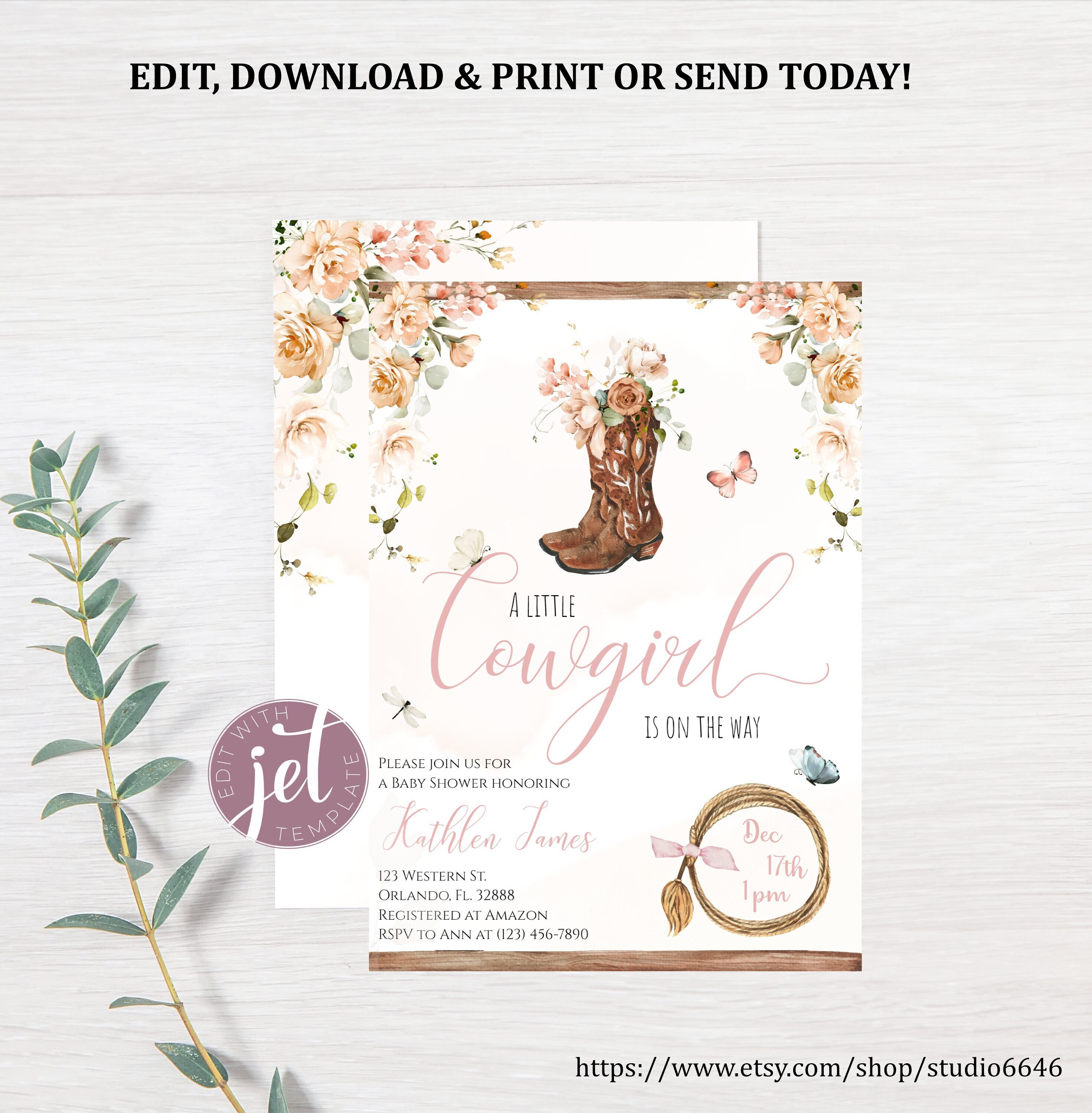 Editable Little Cowgirl Boots Baby Shower Invitation Template A Little Cowgirl is on the Way Sprinkle Invite Country Western