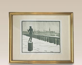 Stampa xilografica svedese d'epoca: "Slussig Winterdag" in edizione limitata firmata