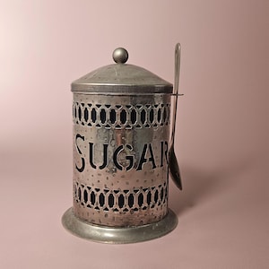 Vintage silverfärgad sockerburk med koboltblått foder och sked
