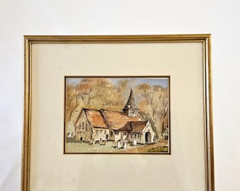 Acquerello con cornice vintage Cottagecore – Dipinto di paesaggio di chiesa europea – Cornice dorata anticata
